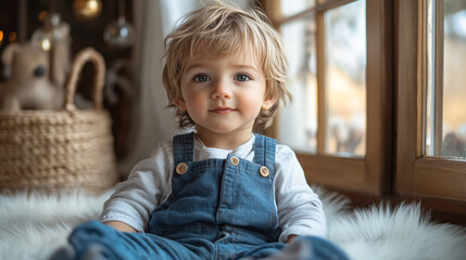 A toddler boy sitting on the floor by the window, surrounded by Christmas decorations, gazing out at the wintery wonderland, evoking a sense of holiday excitement and warmth.