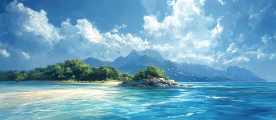 Serene island landscape with clear turquoise waters and majestic mountains under a bright blue sky