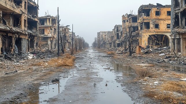 Destroyed buildings in a war-torn city depict the harsh reality of conflict and destruction.