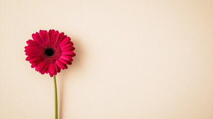 A lone bright magenta gerbera daisy against a soft beige background, close-up shot, Minimalist style