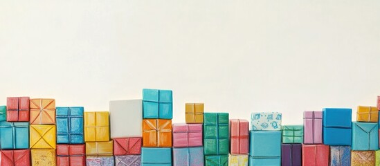 Colorful assortment of gift boxes arranged in a borderline on a neutral background for festive and celebration themes