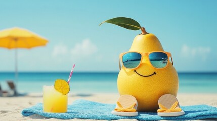 Happy pear wearing sunglasses relaxing on beach with drink.
