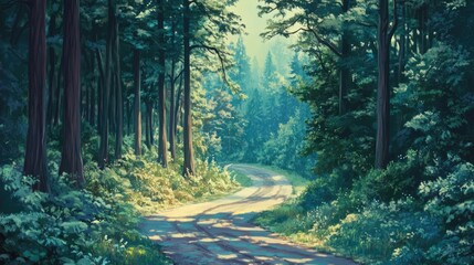 Obraz premium Serene forest pathway illuminated by soft sunlight inviting exploration through lush greenery and tranquil nature.