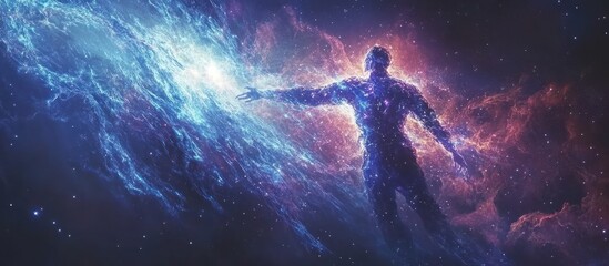 A cosmic figure reaching out in a vibrant nebula, symbolizing exploration and connection.