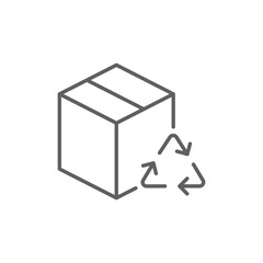 Recycled product packaging icon. Simple outline style. Recycle triangle, cardboard box, seal, cycle, packaging, environmental concept. Thin line symbol. Vector illustration isolated. Editable stroke.