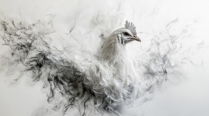 Majestic white hen surrounded by ethereal smoke on a white background showcasing elegance and grace in nature's beauty
