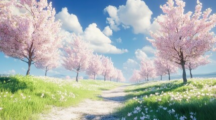 Obraz premium Blossoming cherry trees under a bright sky with fluffy clouds along a scenic path in springtime tranquility