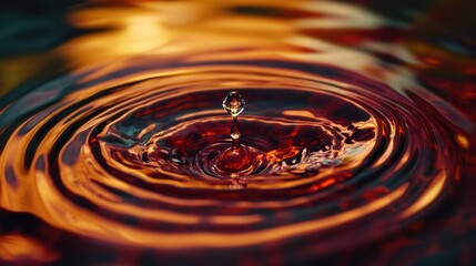 A breathtaking macro shot of a water droplet impacting the surface, the resulting ripples spreading outward symmetrically, creating a visual of perfect balance and tranquility.
