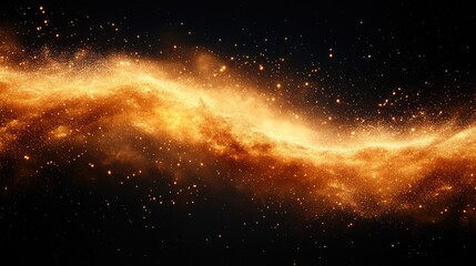 Obraz premium Golden sand explosion creating an abstract cosmic wave with sparkling particles against a dark background for artistic and design use