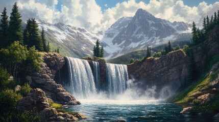 Fototapeta premium Majestic waterfall cascading down rocky mountains surrounded by lush greenery and vibrant clouds in the picturesque Rockies landscape.