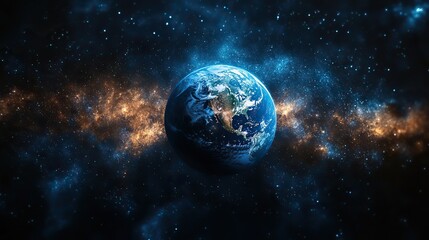 Fototapeta premium Earth orbits in space against a dark galaxy background, representing adventure, exploration, and the wonders of astronomy and the cosmos.