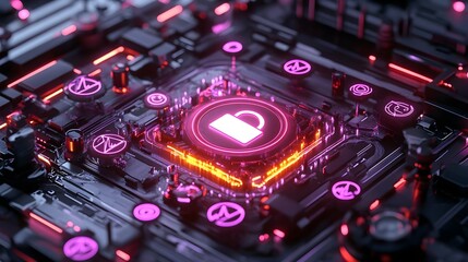 Fototapeta premium cyber security: neon padlock on circuit board - neon