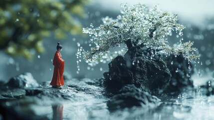 Obraz premium A serene scene featuring a figure in red by a tranquil tree and rocky landscape.