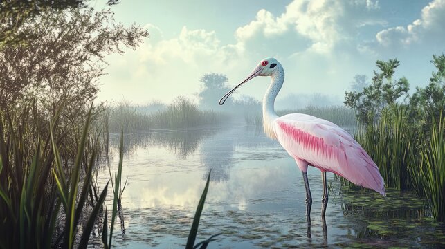Roseate Spoonbill Standing Gracefully in Serene Wetland Landscape Under Soft Morning Light