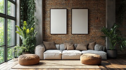 Empty frames in a living room with light and mockup space.