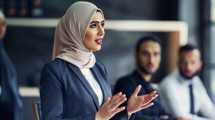 Businesswoman elegantly dressed professional attire wearing hijab exuding confidence grace leading corporate team strategic planning session her Islamic fashion business leader status setting tone
