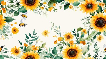 Obraz premium Vibrant sunflower and greenery watercolor pattern with honeybees ideal for textile and stationery design showcasing nature's beauty