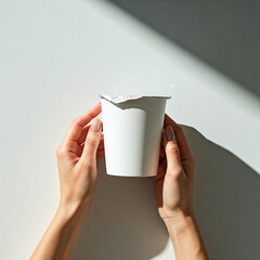 Women hands holding blank Cup noodle isolated on light grey background, Featuring Subtle Textures, and Soft Shadows Against, copy space