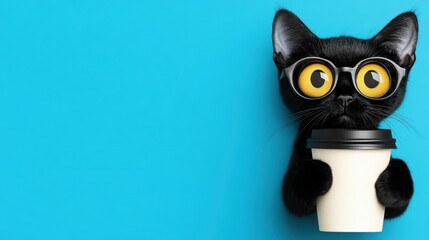 Black cat with glasses holding a coffee cup against a blue background