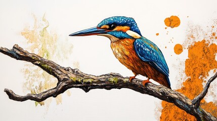 Fototapeta premium Vibrant kingfisher perched on a branch with a colorful abstract background showcasing its majestic plumage and natural beauty