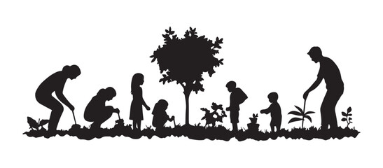 Family Planting Tree Silhouette Vector illustration