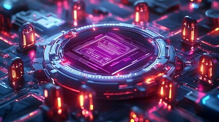 Obraz premium futuristic tech circuit board neon glow - cyberpunk aesthetics