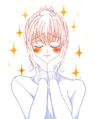 うれし泣きしている女性　顔に手　噛み締める　笑顔