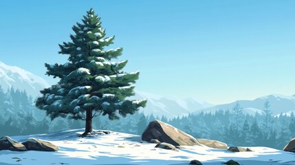 Snow-covered pine tree standing elegantly at the forest edge with scenic mountain backdrop on a clear winter day.