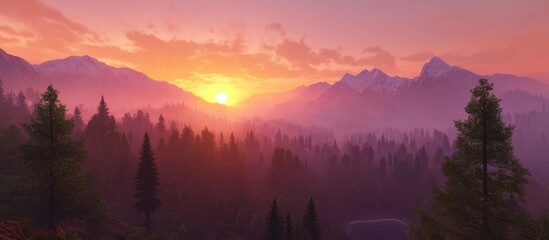 Majestic mountain landscape at sunset with vibrant colors and misty forests creating a serene and tranquil atmosphere in nature.