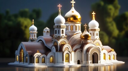 Obraz premium Orthodox Cathedral with Golden Domes and Intricate Architecture Surrounded by Lush Greenery in Soft Natural Lighting
