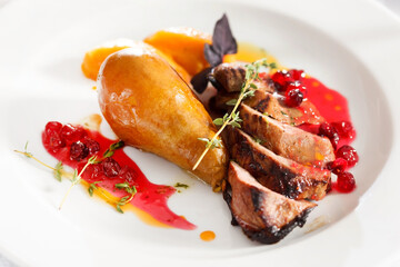 roasted duck with pear on Christmas table