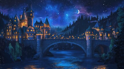 Fototapeta premium Enchanted night view of a castle and bridge illuminated under a starry sky with a crescent moon reflecting on the water
