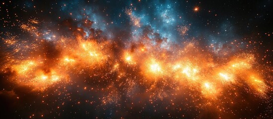 Naklejka premium Vibrant cosmic explosion with fiery sparks and colorful nebula elements creating a stunning fireworks-like visual in deep space.