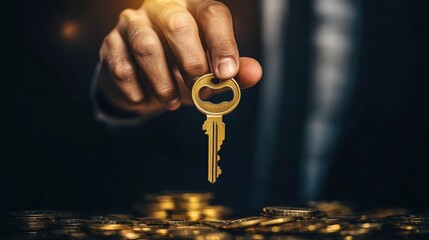A close-up of a hand holding a golden key over a pile of coins, symbolizing wealth and opportunity in business.