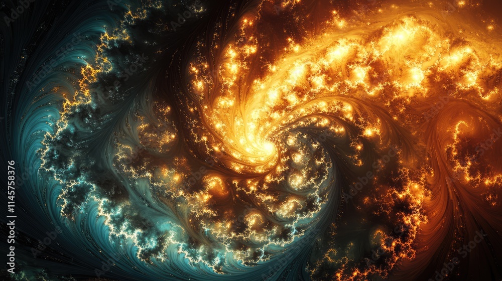 Poster vibrant swirling light patterns in abstract digital art creating a cosmic wave effect with dark and 