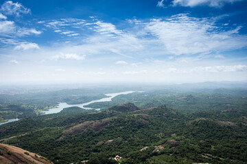 Naklejka premium View of arkavathi river from Savandurga hills, it is situated at 60 km west of Bengaluru, Karnataka, India. It is the largest monolith hills in Asia famous for trekking, rock climbing and a pilgrim.