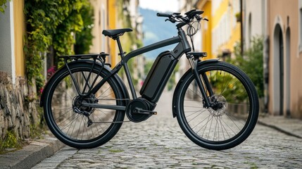 Fototapeta premium Sleek Black Electric Bike on Cobblestone Street
