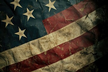 Fototapeta premium Close-up detail of a heavily worn and stained American flag.