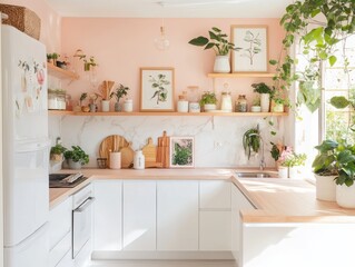 Bright Modern Kitchen with Abundant Plants and White Cabinets