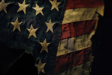 Close-up detail of a heavily worn and stained American flag.