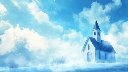 Serene church silhouette under a captivating blue sky with fluffy clouds creating a tranquil and peaceful atmosphere.