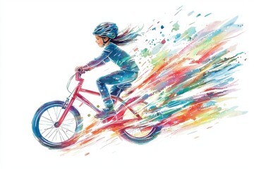 A vibrant illustration of a girl riding a bicycle, showcasing her speed and joy through a splash of colorful motion.