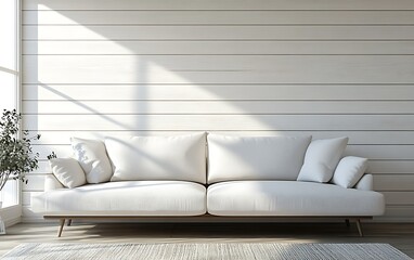 Minimalist living room with white sofa, wooden wall, sunlight, and plant.