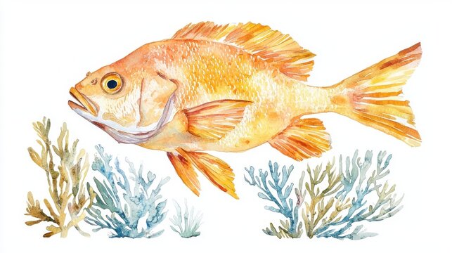 A vibrant illustration of an orange fish swimming among colorful corals, showcasing marine life in vivid detail.