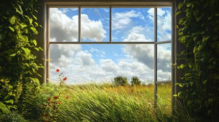 Naklejka premium Serene view through a window showcasing lush grass, vibrant flowers, and a beautiful sky with fluffy clouds in a peaceful garden setting.