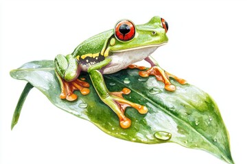 A vibrant red-eyed tree frog perched on a lush green leaf, showcasing its colorful features and serene environment.