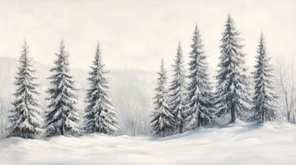 Obraz premium Serene snow-covered coniferous forest with tall trees under a pale winter sky depicting a tranquil alpine landscape in winter ambiance