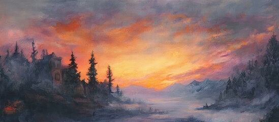 Serene sunset landscape featuring vibrant colors over mountains and trees creating a tranquil atmosphere in a painted style.