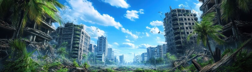 Obraz premium Abandoned city overtaken by nature's growth.