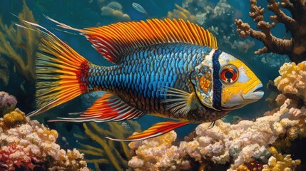 Obraz premium Vibrant Dimidiochromis Compressiceps Swimming Among Colorful Coral Reef Life